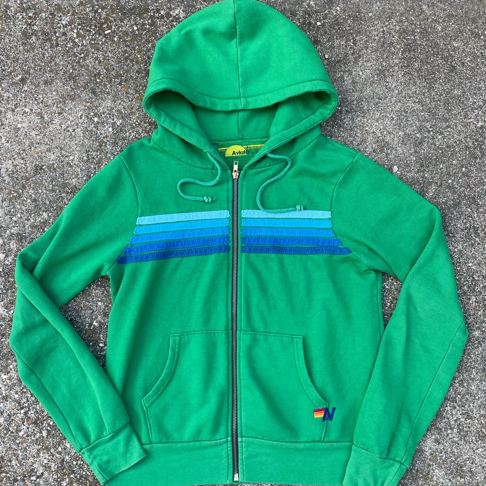Aviator Nation Green Zip Up Hoodie with Blue Stripes Small
